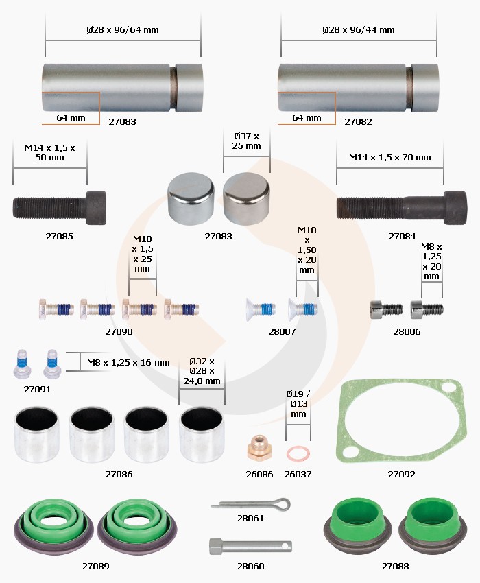 РМК СУПОРТА MERITOR DX 175 (НАПР., ВТУЛКИ, ПИЛЬН., БОЛТИ, ЗАГЛ.) (Арт. 20-175-001) — FREENCO