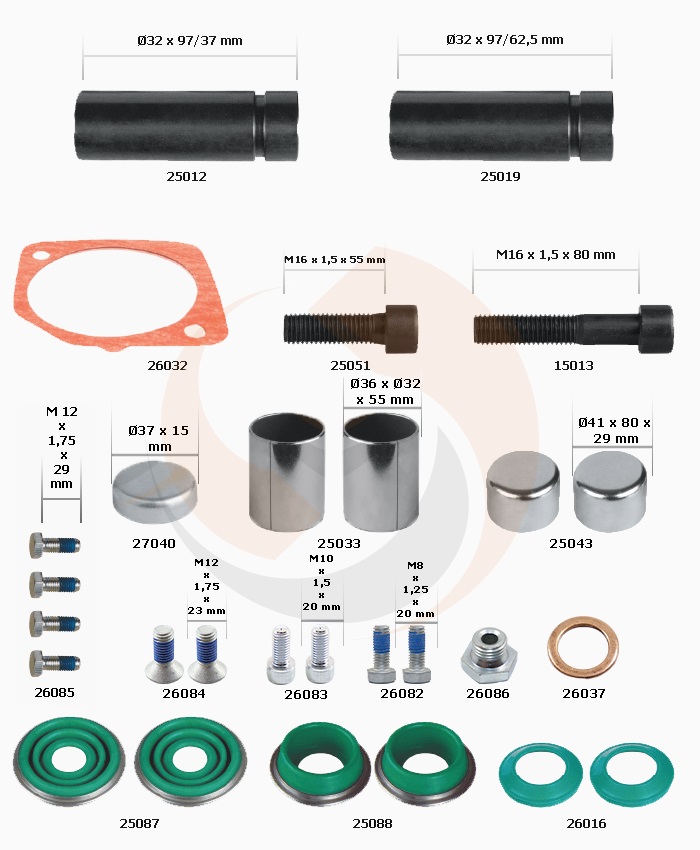 РМК СУПОРТА MERITOR DX 195 (НАПР., ВТУЛКИ, ПИЛЬН., БОЛТИ, ЗАГЛ.) (Арт. 20-195-002) — FREENCO