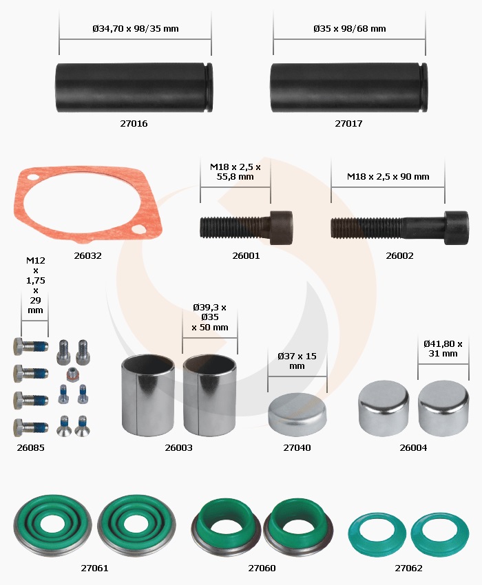РМК СУПОРТА MERITOR DX 225 (НАПР., ВТУЛКИ, ПИЛЬН., БОЛТИ, ЗАГЛ.) (Арт. 20-225-002) — FREENCO