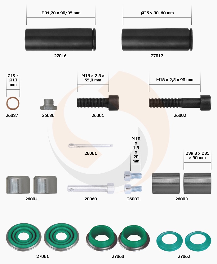 РМК СУПОРТА MERITOR DX 225 (НАПР., ВТУЛКИ, ПИЛЬН., БОЛТИ, ЗАГЛ.) (Арт. 20-225-003) — FREENCO