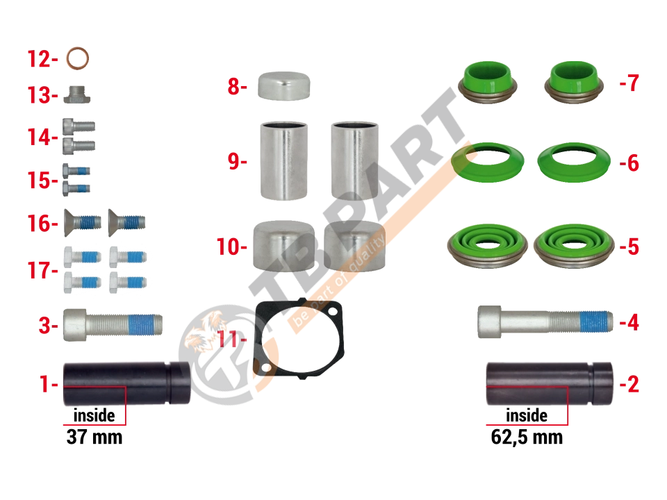 РМК СУПОРТА MERITOR DX 195 (НАПР., ВТУЛКИ, ПИЛЬН., БОЛТИ, ЗАГЛ.) (Арт. 122048) — TBPART